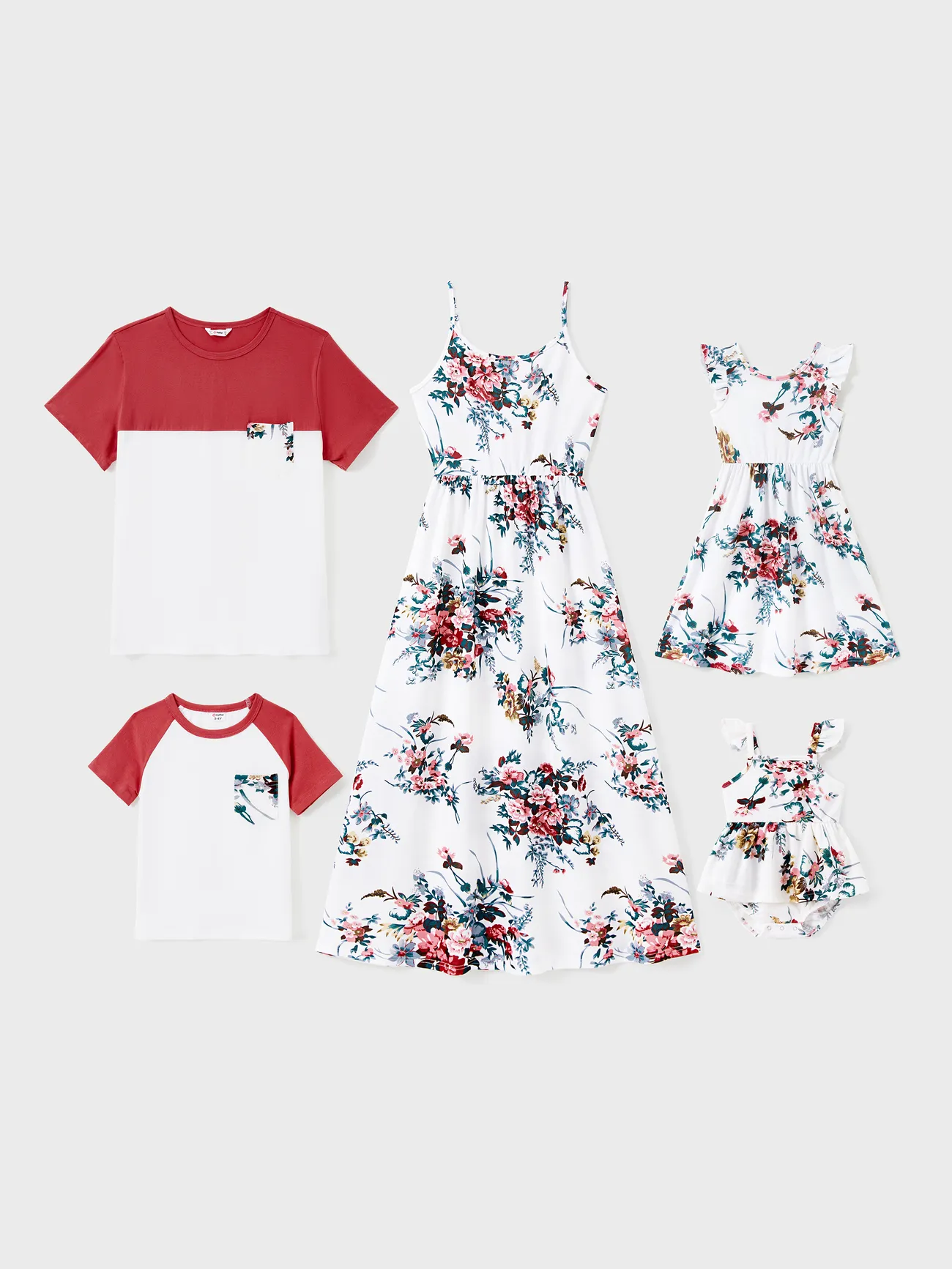 Family Matching All Over Floral Print Spaghetti Strap Dresses and Colorblock Short-sleeve T-shirts Sets - White - image 1