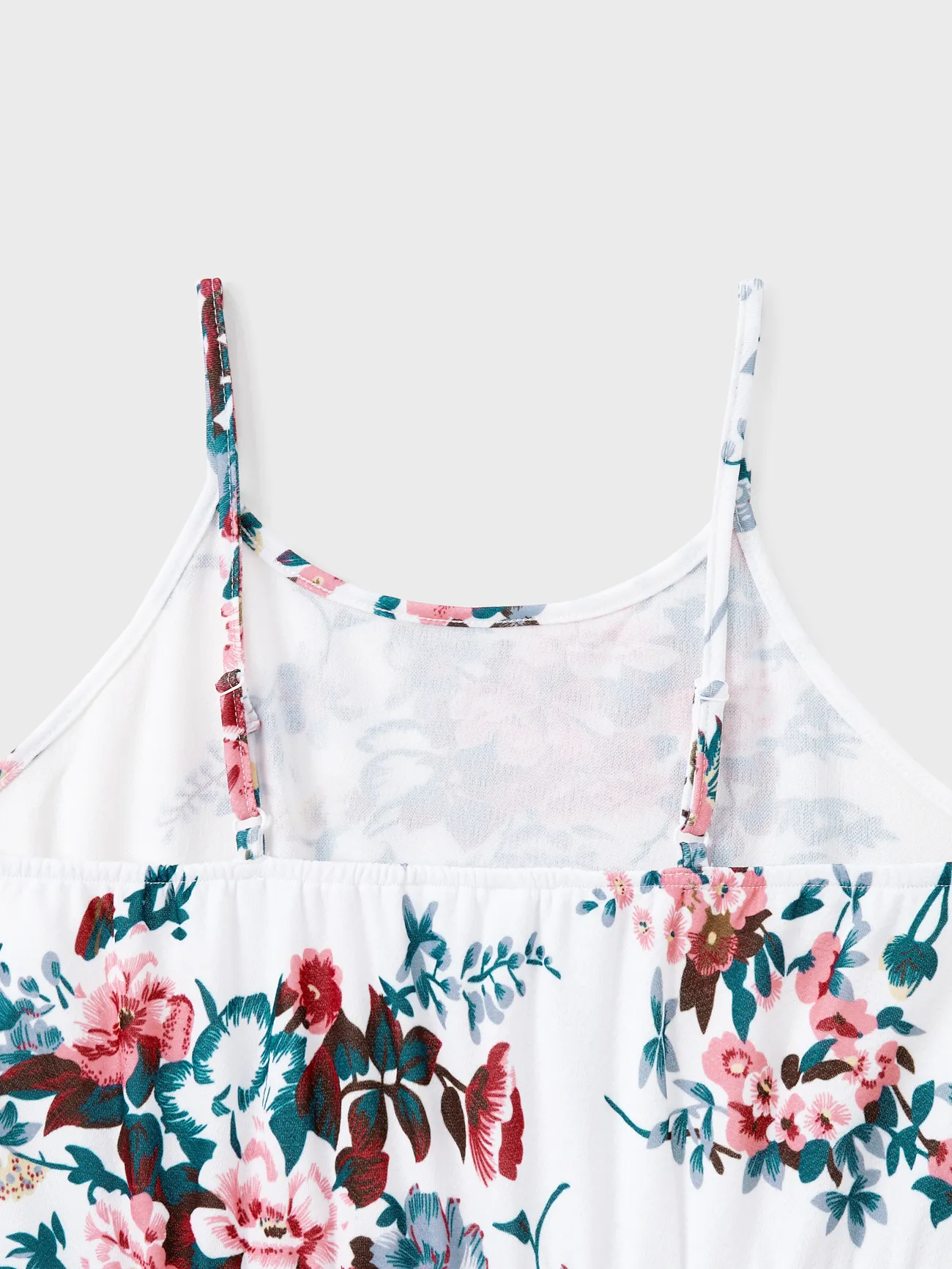 Women - Family Matching All Over Floral Print Spaghetti Strap Dresses and Colorblock Short-sleeve T-shirts Sets - White - image 5