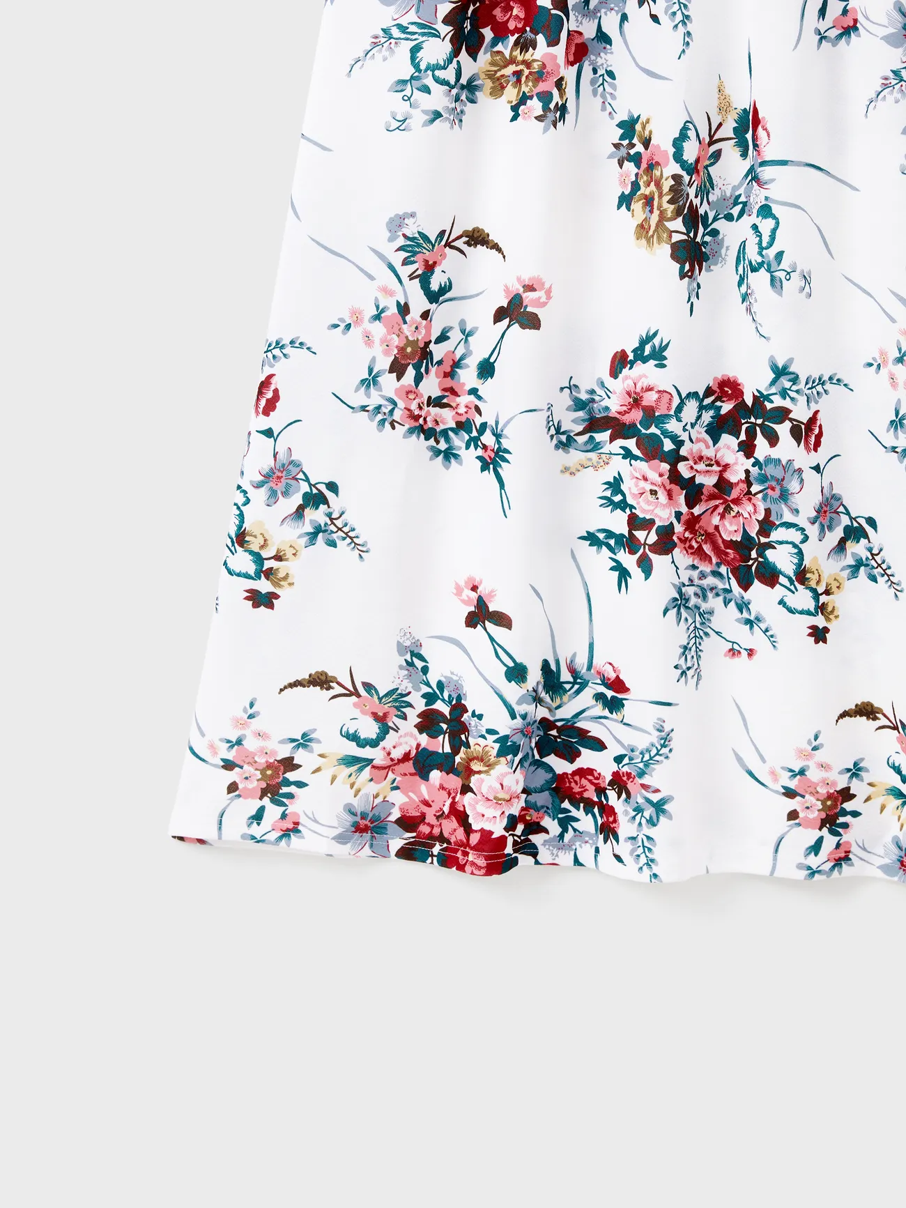 Women - Family Matching All Over Floral Print Spaghetti Strap Dresses and Colorblock Short-sleeve T-shirts Sets - White - image 6