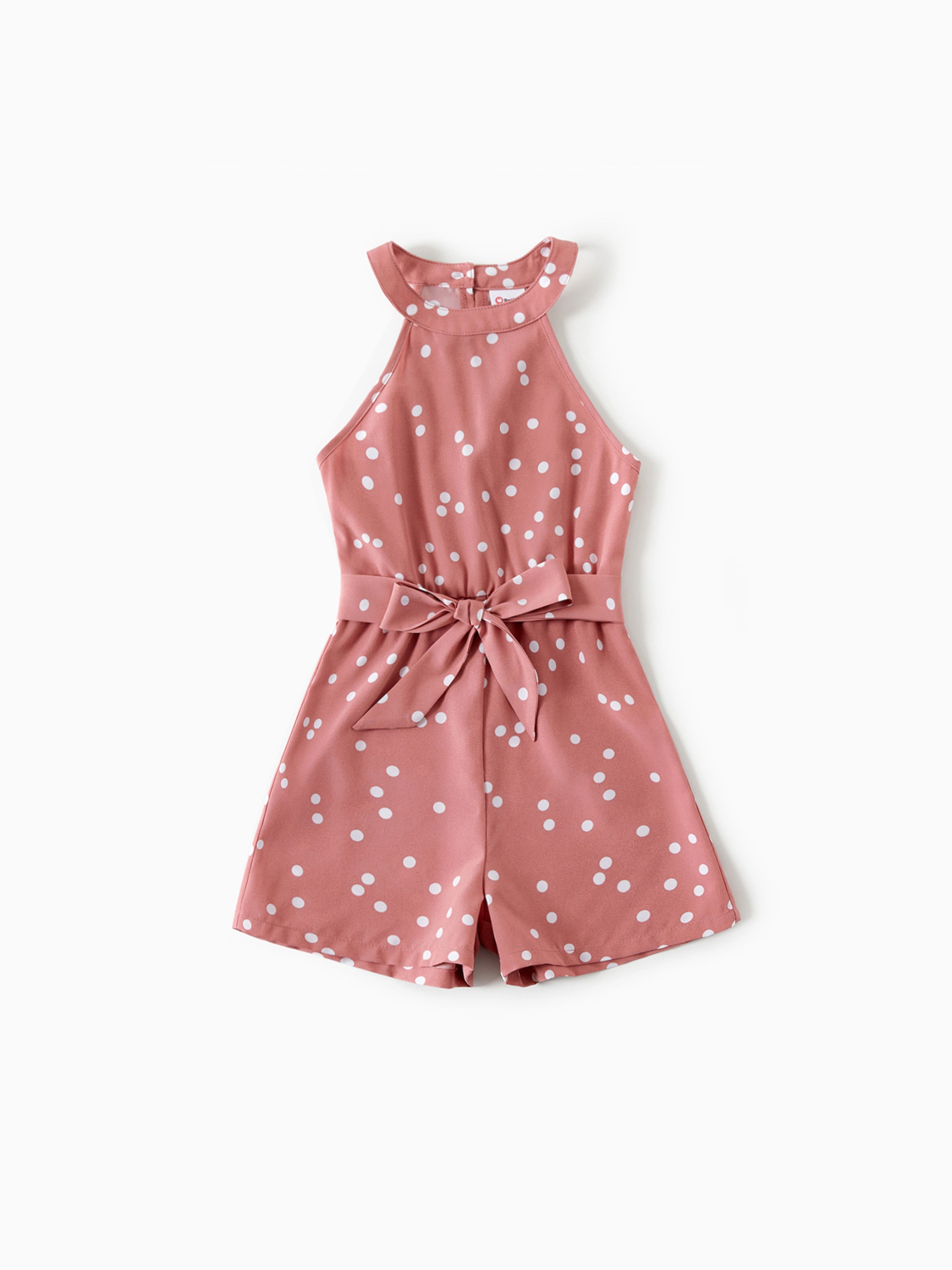 

Polka Dots Pink Halter Neck Sleeveless Belted Romper for Mom and Me