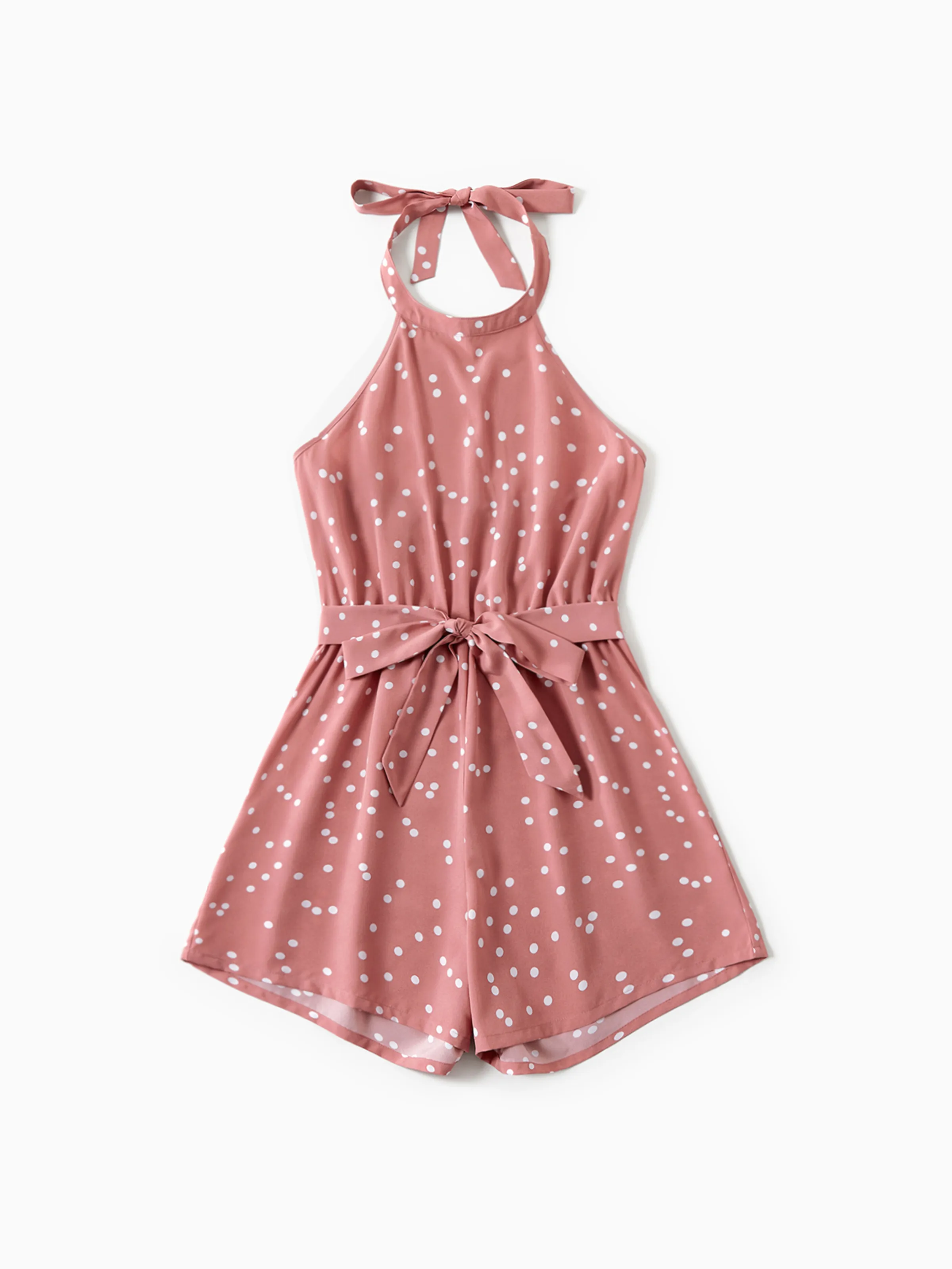 

Polka Dots Pink Halter Neck Sleeveless Belted Romper for Mom and Me