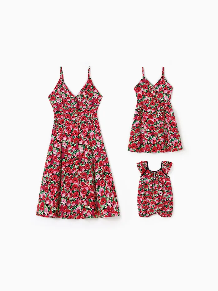 Mommy and Me Red Floral V-Neck Button Up Spaghetti Strap A-Line Matching Dresses