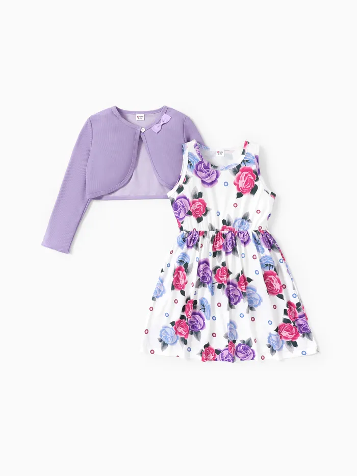 2pcs Kid Girl Floral Print Sleeveless Dress and Long-sleeve Purple Bowknot Design Cardigan Set