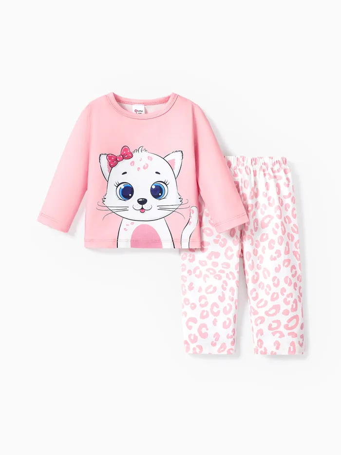 Bebê menina 2pcs gato imprimir pijamas conjunto
