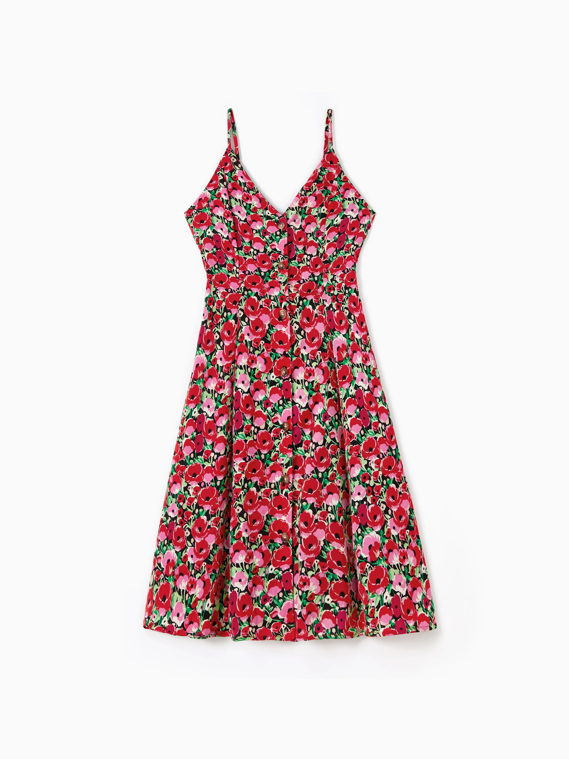 

Mommy and Me Red Floral V-Neck Button Up Spaghetti Strap A-Line Matching Dresses