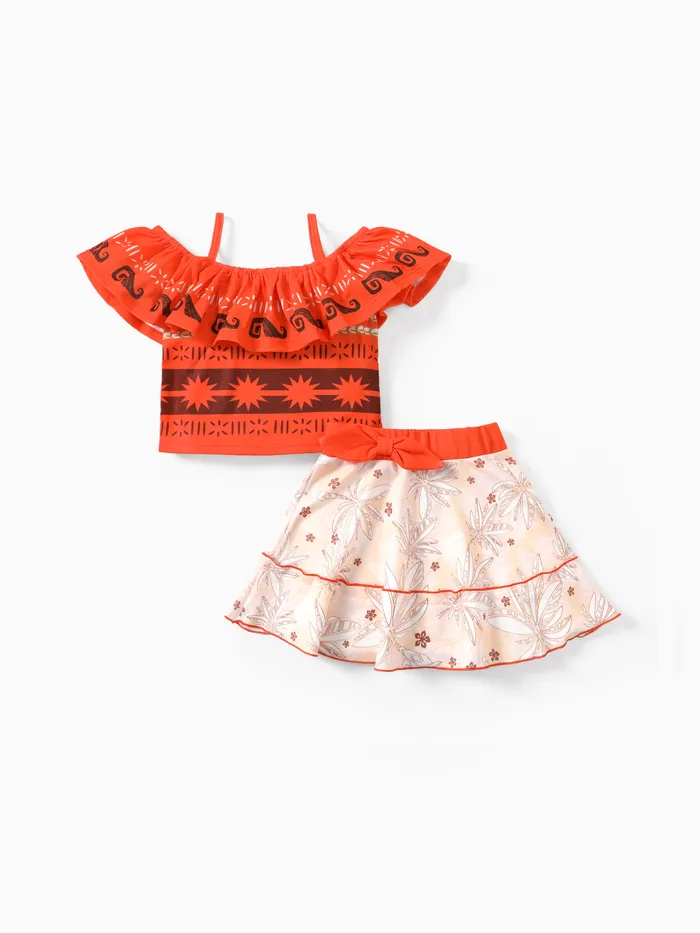 迪士尼公主莫阿娜 2 件裝幼兒/兒童女孩棕櫚葉荷葉邊蝴蝶結連衣裙套裝