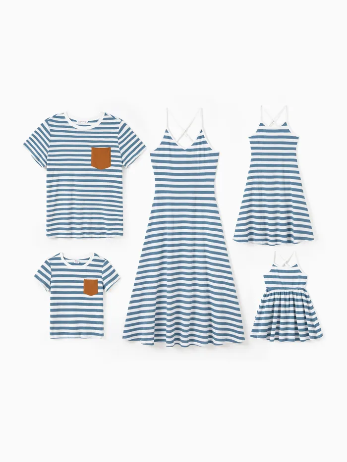 Family Matching Sets Preppy Style Striped Tee or Strap Midi Dress
