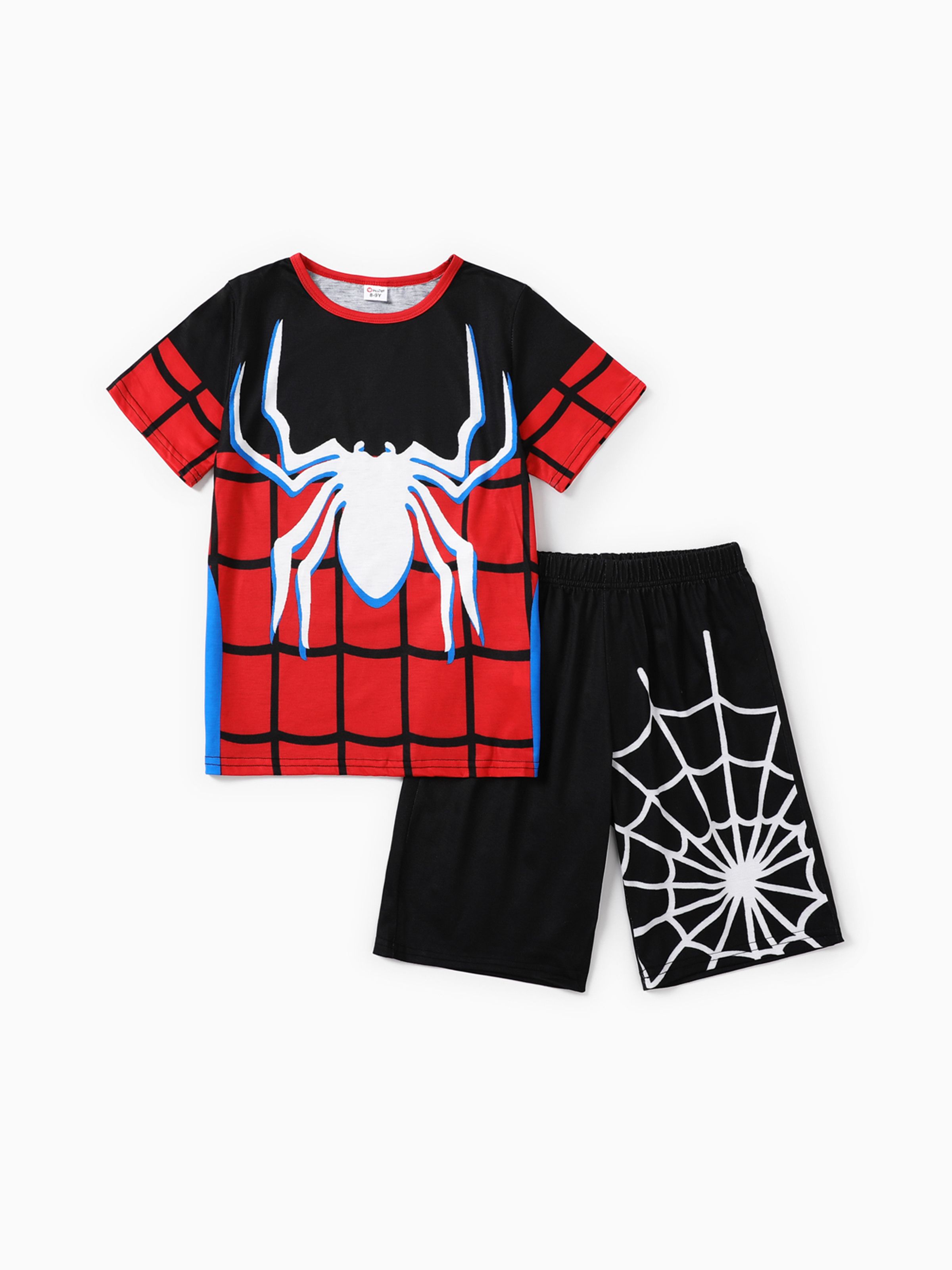 

2pcs Kid Boy Spider Print Colorblock Short-sleeve Tee and Elasticized Shorts Set