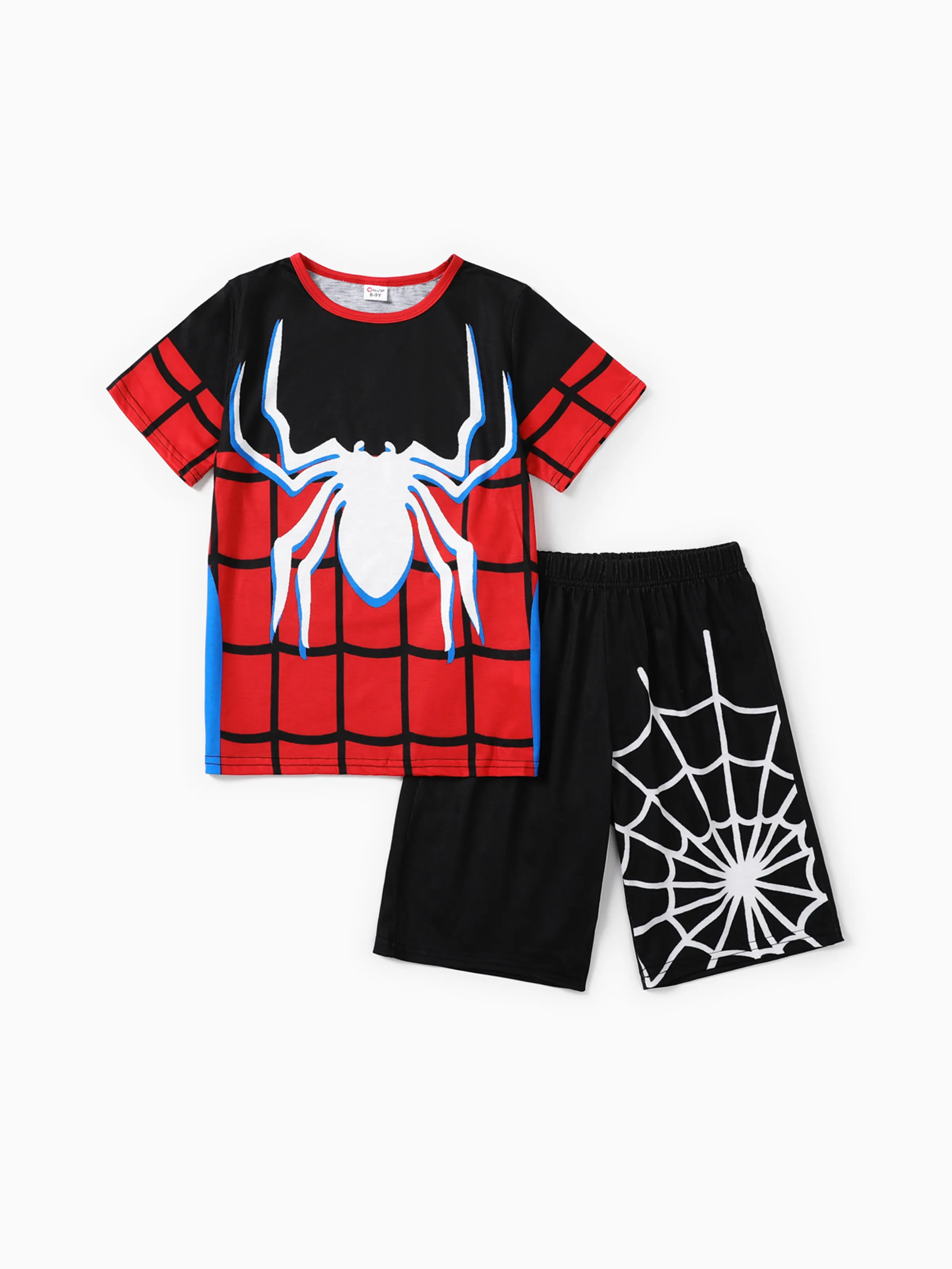 2pcs Kid Boy Spider Print Colorblock Short-sleeve Tee and Elasticized Shorts Set