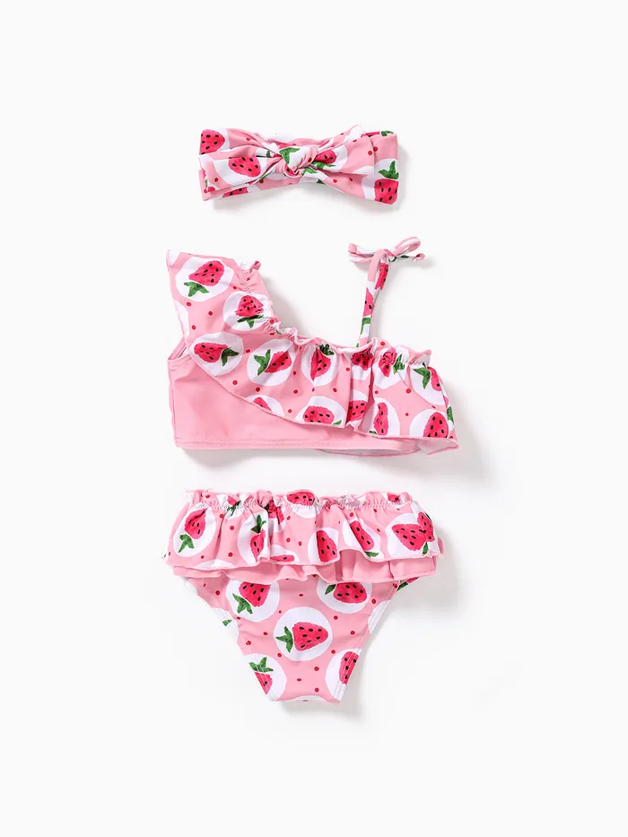 3pcs Baby Girl Watermelon Print Ruffle Trim Swimwear Set