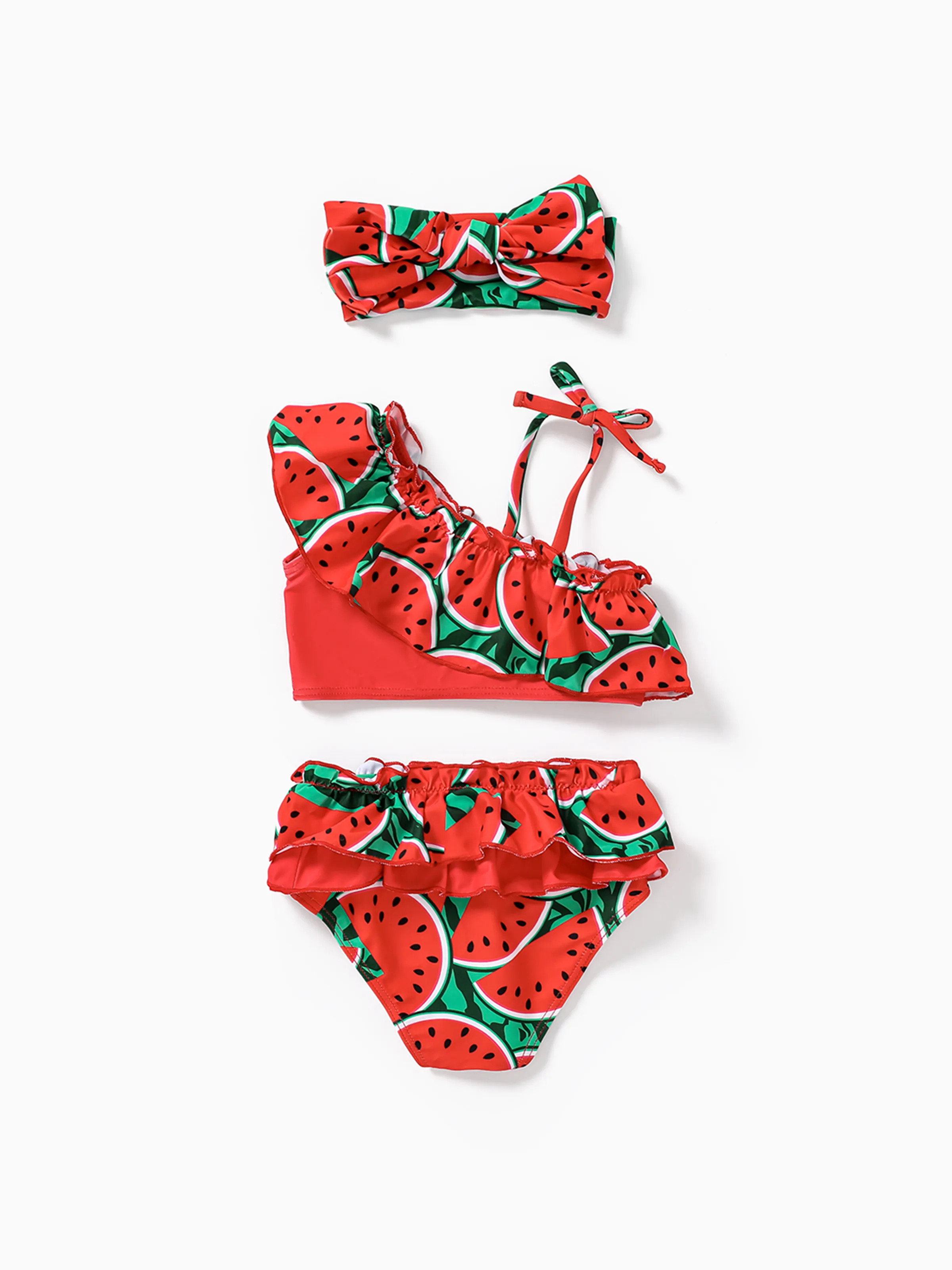 

3pcs Baby Girl Watermelon Print Ruffle Trim Swimwear Set