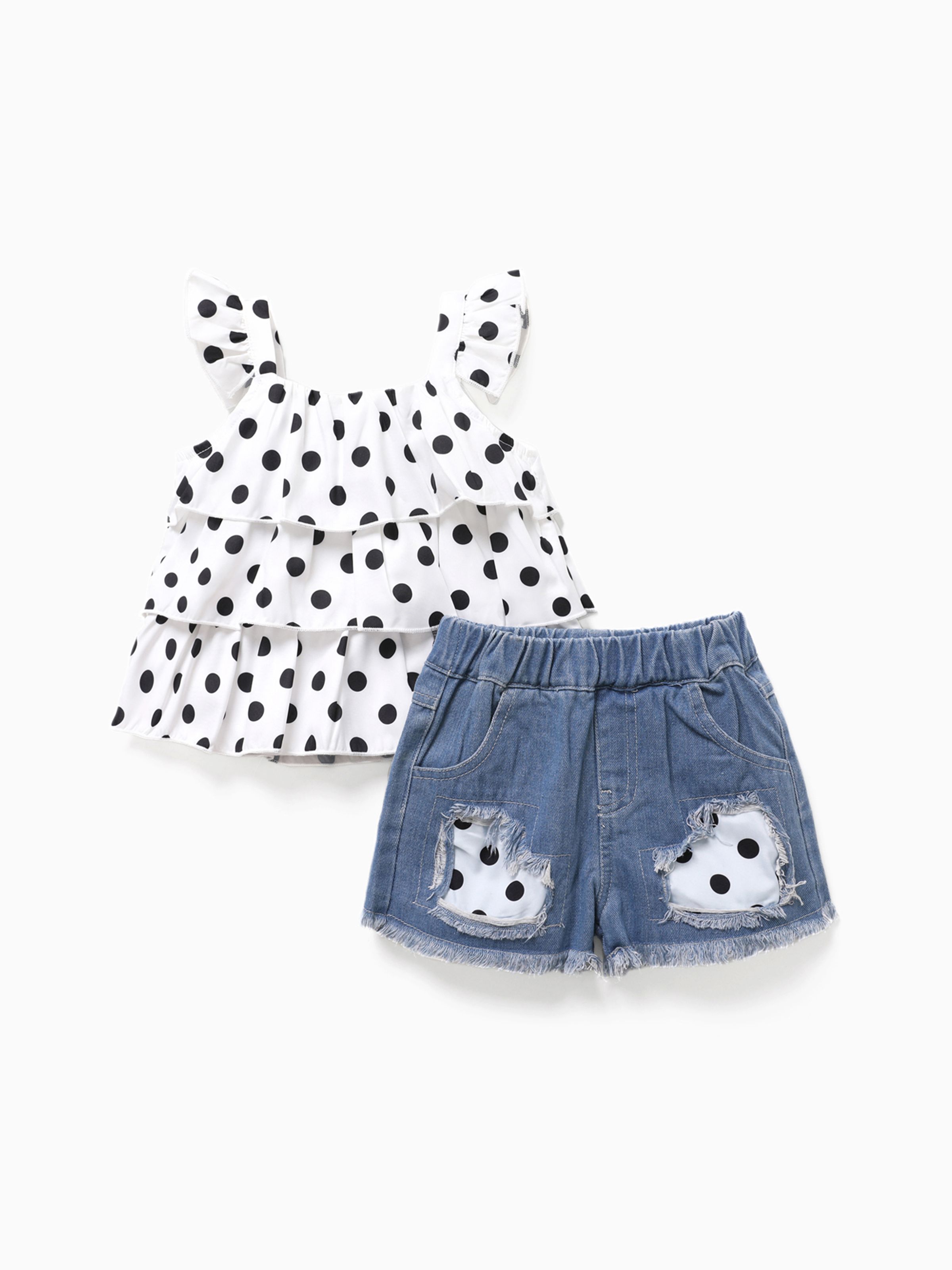 

2pcs Toddler Girl Trendy Denim Patchwork Shorts and Polka dots Camisole Set