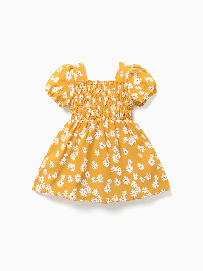 Baby Girl Allover Daisy Floral Print Puff-sleeve Shirred Dress