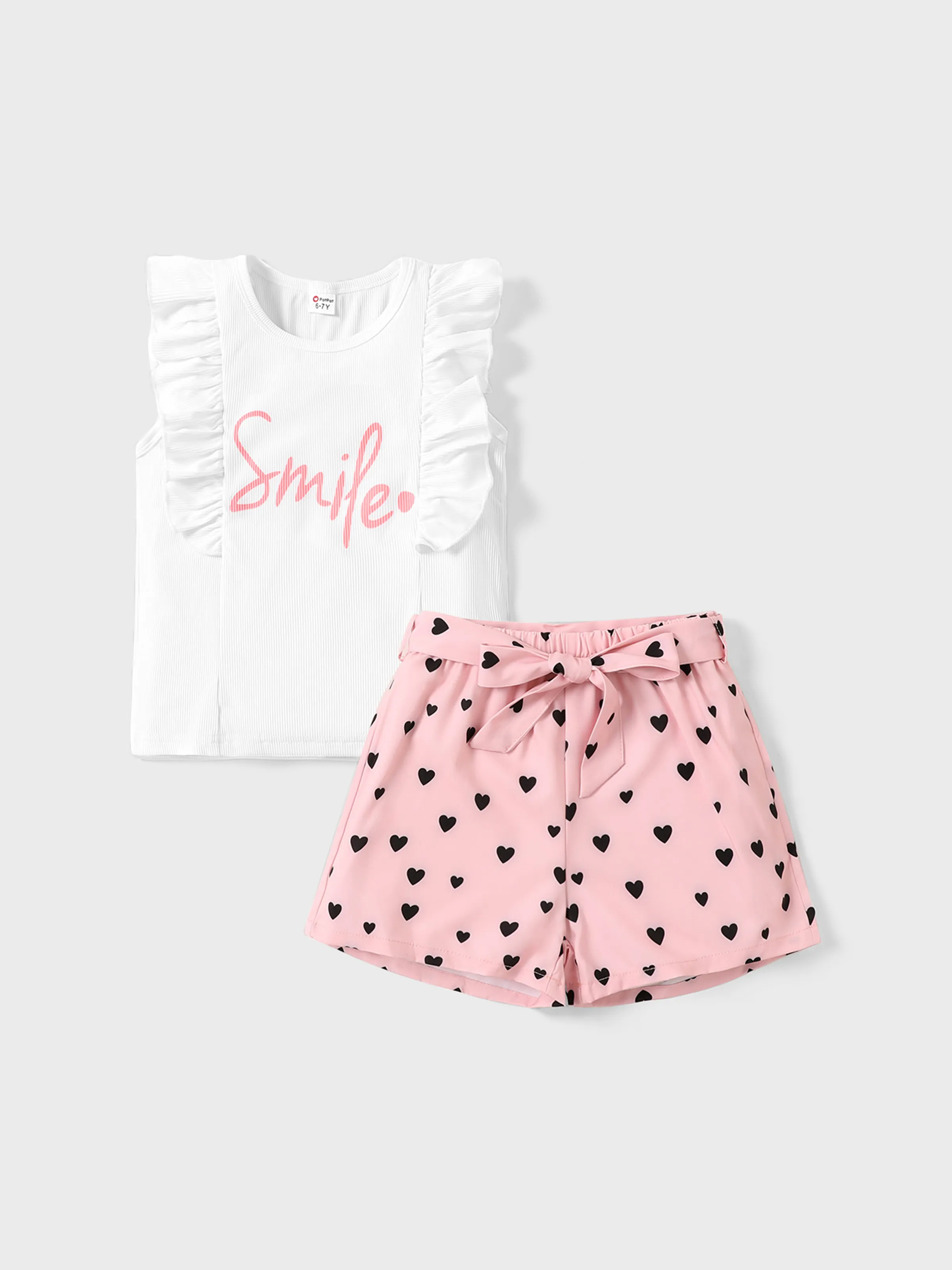 

2pcs Kid Girl Letter Print Flutter-sleeve Tee and Heart Print Belted Shorts Set