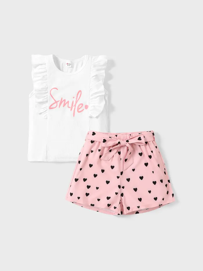2pcs Kid Girl Letter Print Flutter-sleeve Tee and Heart Print Belted Shorts Set