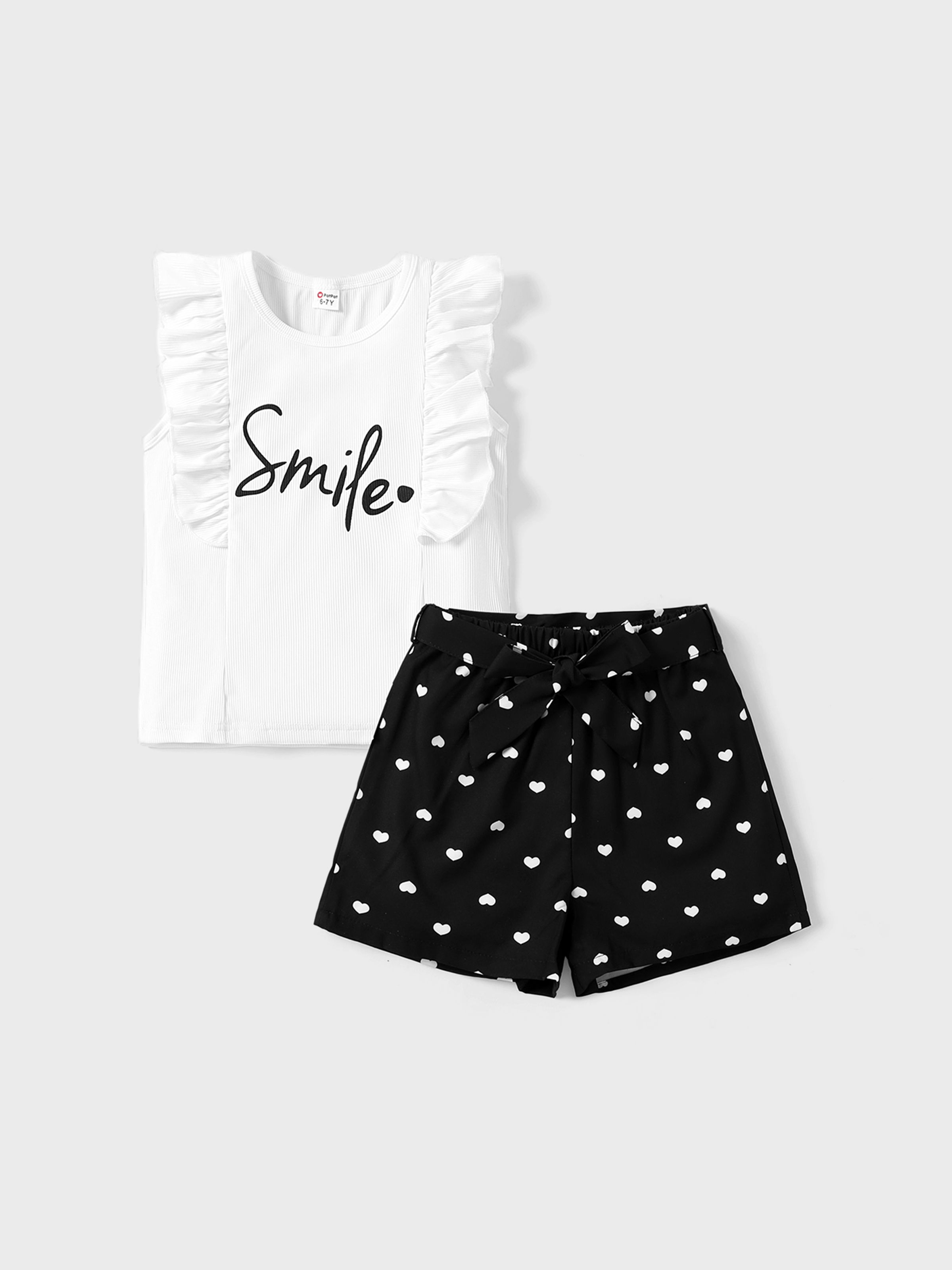 

2pcs Kid Girl Letter Print Flutter-sleeve Tee and Heart Print Belted Shorts Set