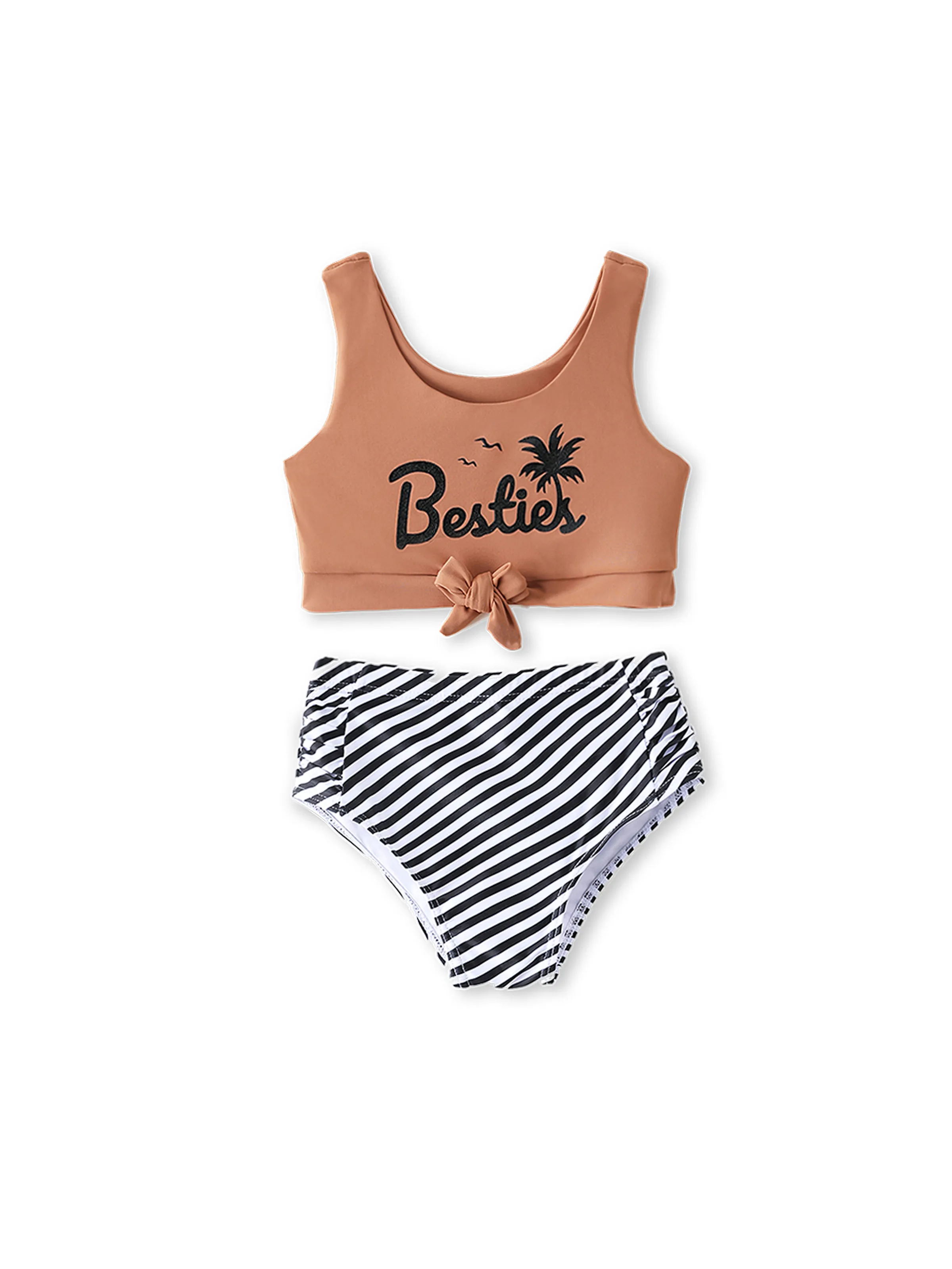 

Family Matching Vertical Stripe Drawstring Swim Drunks or Besties Printed Crop Tank Bikini