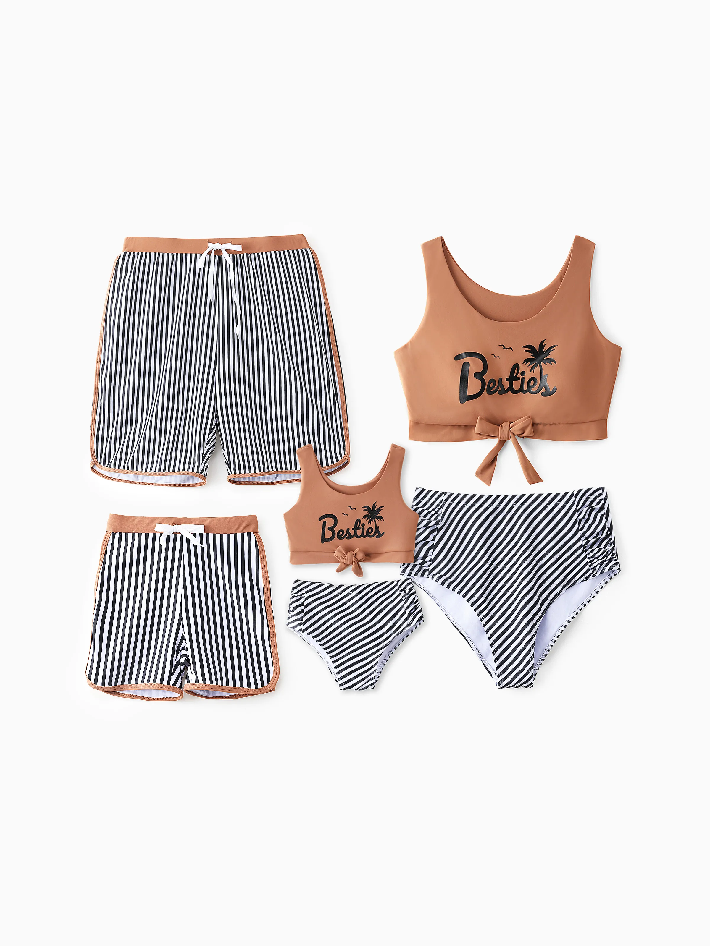 Family Matching Vertical Stripe Drawstring Swim Drunks or Besties Printed Crop Tank Bikini