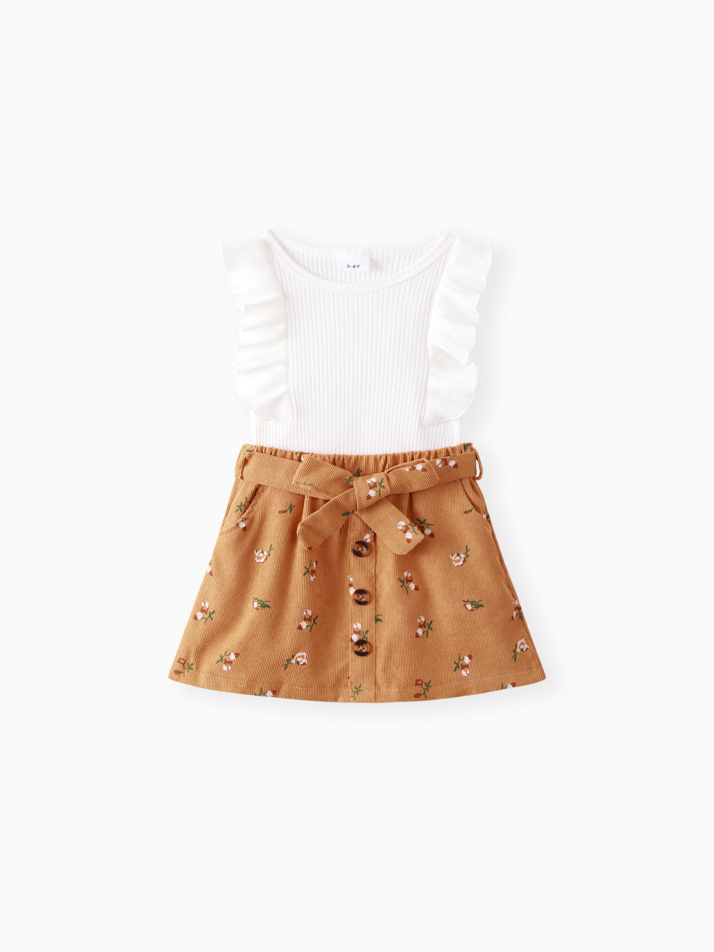 

2pcs Toddler Girl Sweet Ruffled Sleeveless Tee and Floral Print Corduroy Skirt Set