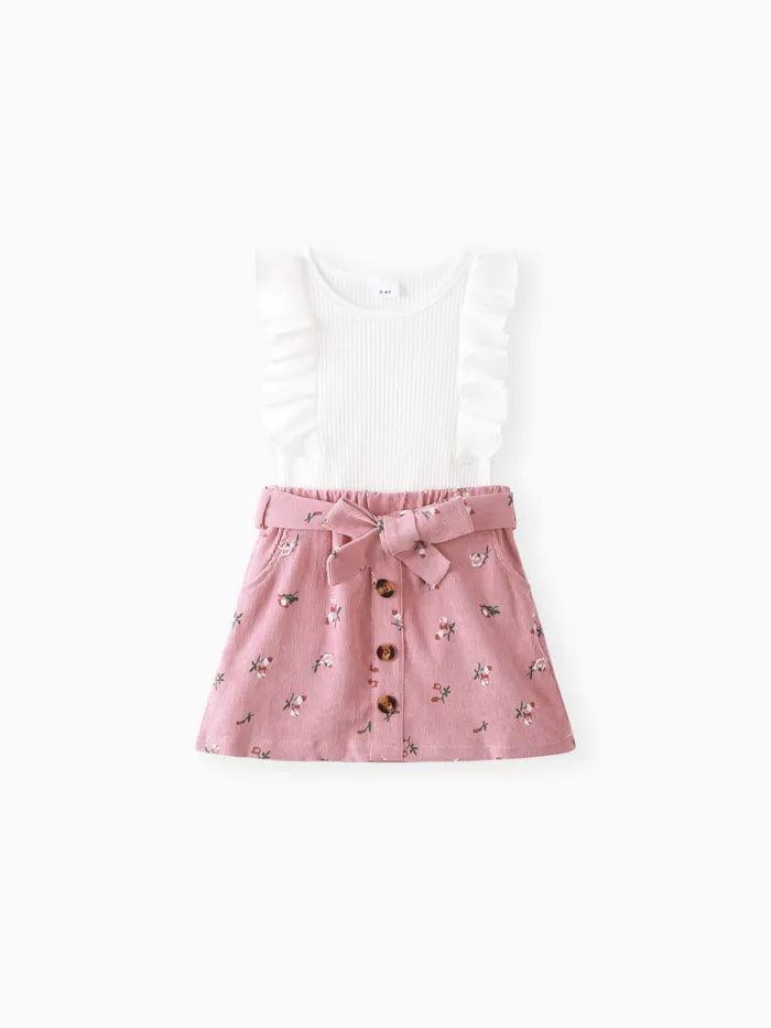 2pcs Toddler Girl Sweet Ruffled Sleeveless Tee and Floral Print Corduroy Skirt Set