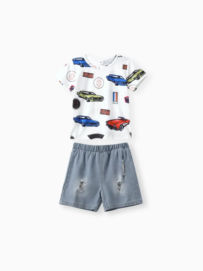 2pcs Toddler Boy Car Print Short-sleeve Tee and Ripped Denim Shorts Set