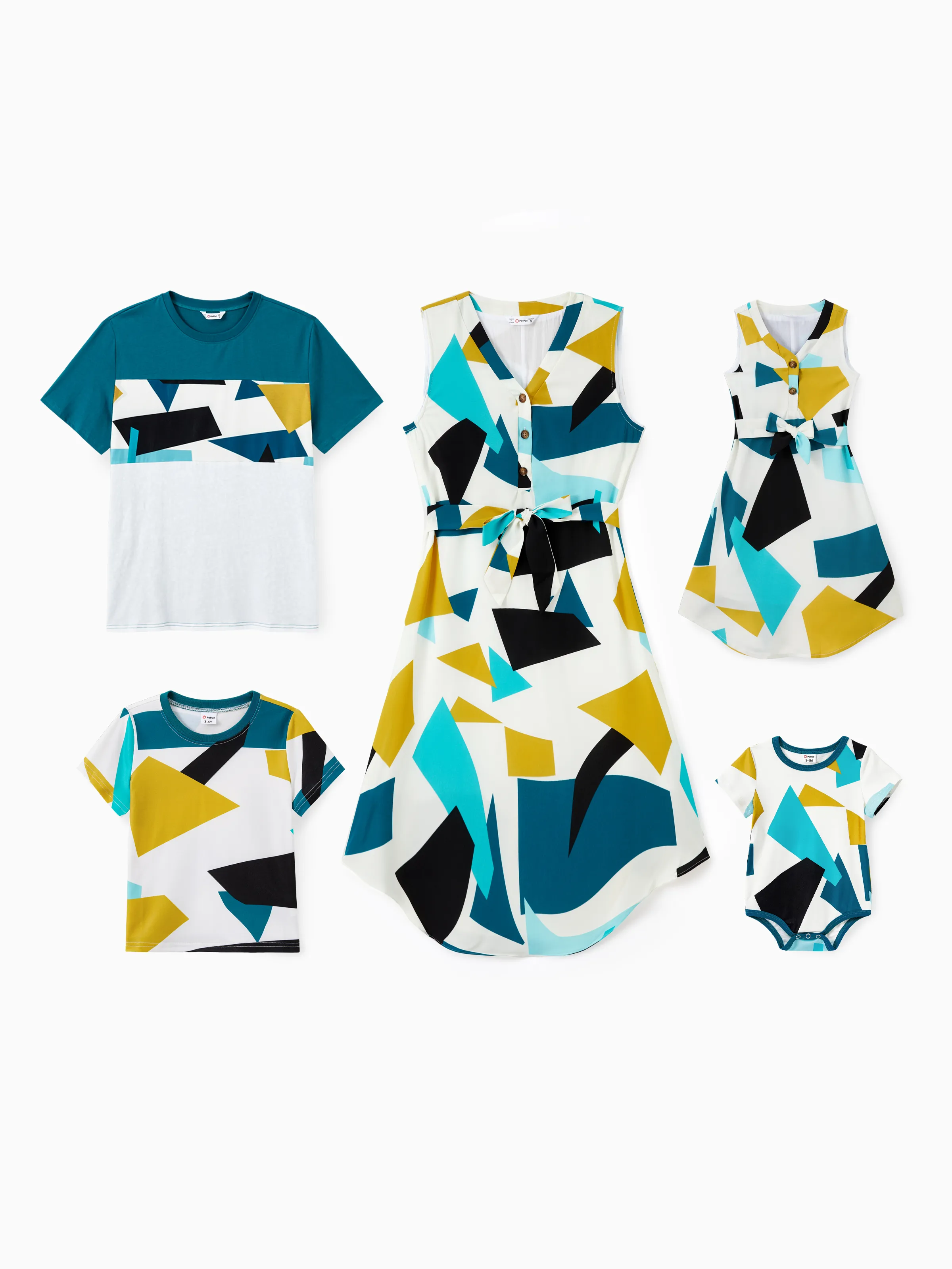 Family Matching Sets Color Block Tee or Geometric Pattern V-Neck Button Sleeveless Belted Dress