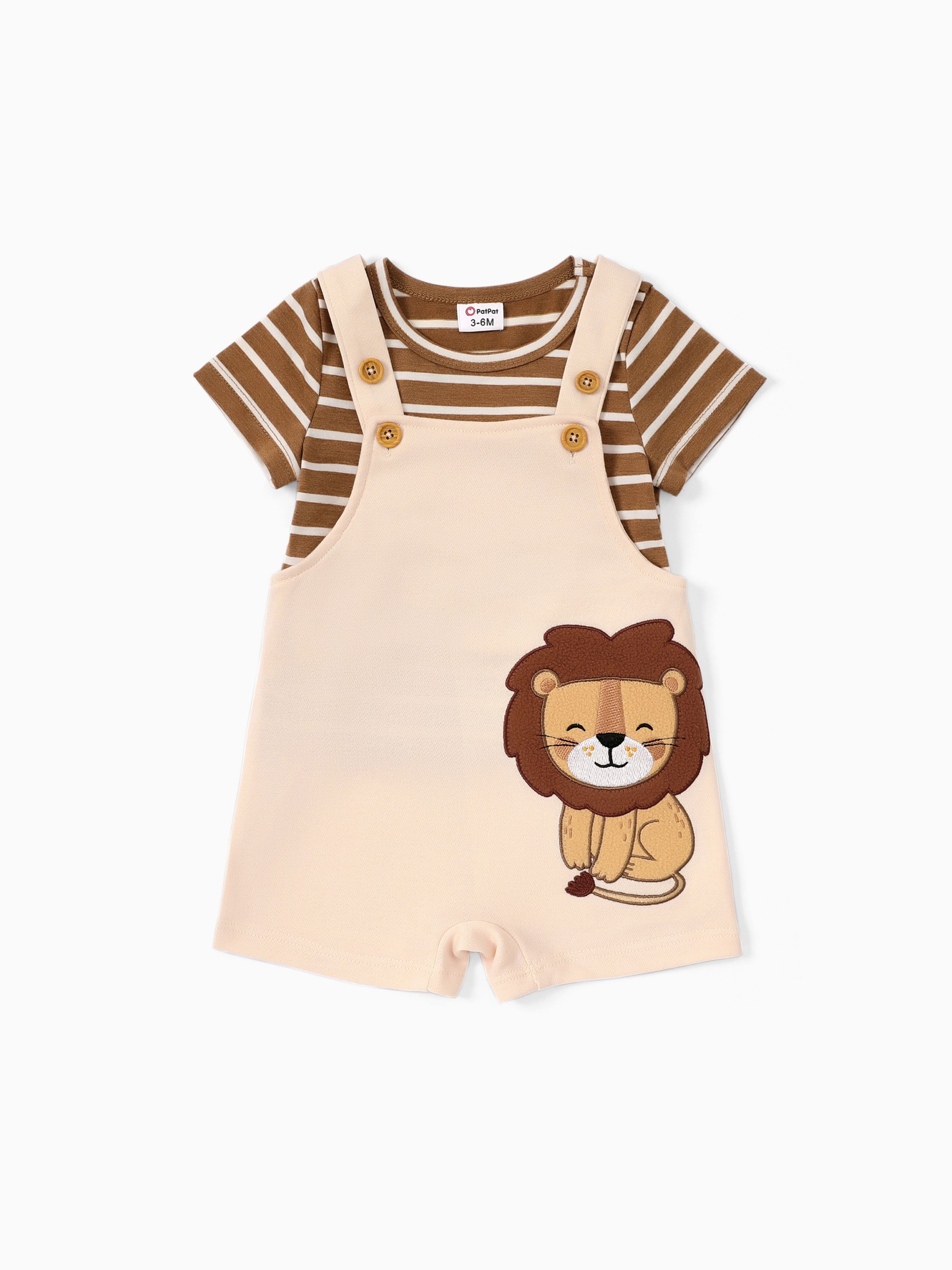 

Baby Boy 2pcs Stripe Pattern Tee and Lion Print Overalls Shorts Set