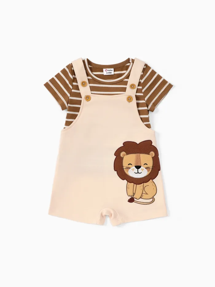 Baby Boy 2pcs Stripe Pattern Tee and Lion Print Overalls Shorts Set