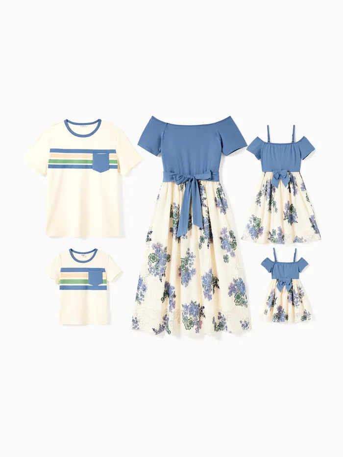Family Matching Panel Stripe Tee and Off Shoulder Floral Lace Bottom Dress Sets