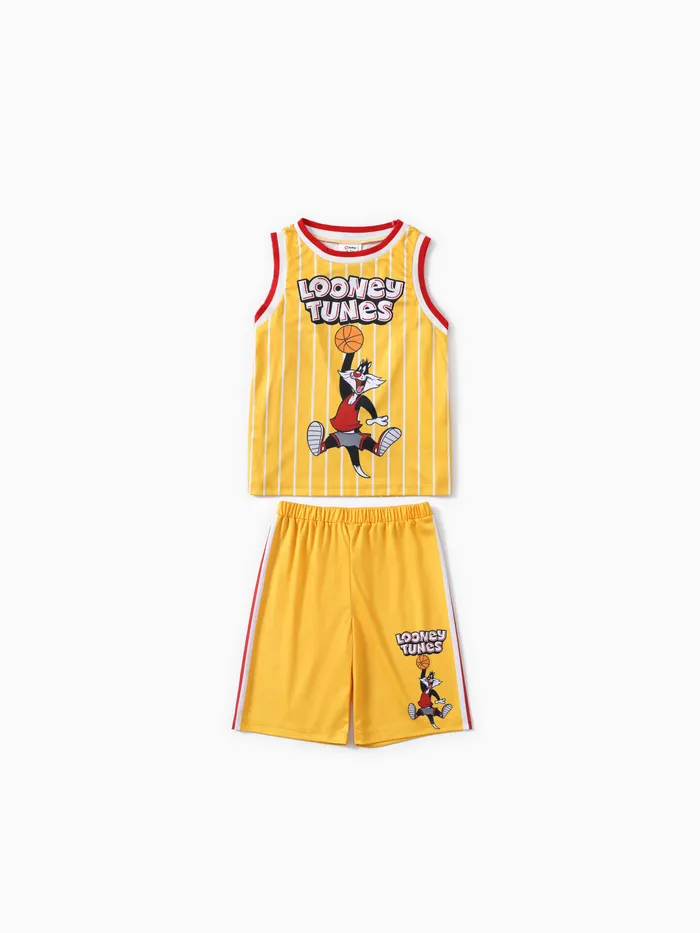Looney Tunes Niño Pequeño/Niño Niños 2pcs Personaje Baloncesto Camiseta sin mangas a rayas con pantalones cortos Conjunto deportivo