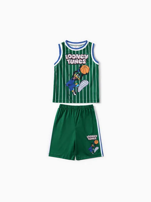 Looney Tunes Niño Pequeño/Niño Niños 2pcs Personaje Baloncesto Camiseta sin mangas a rayas con pantalones cortos Conjunto deportivo