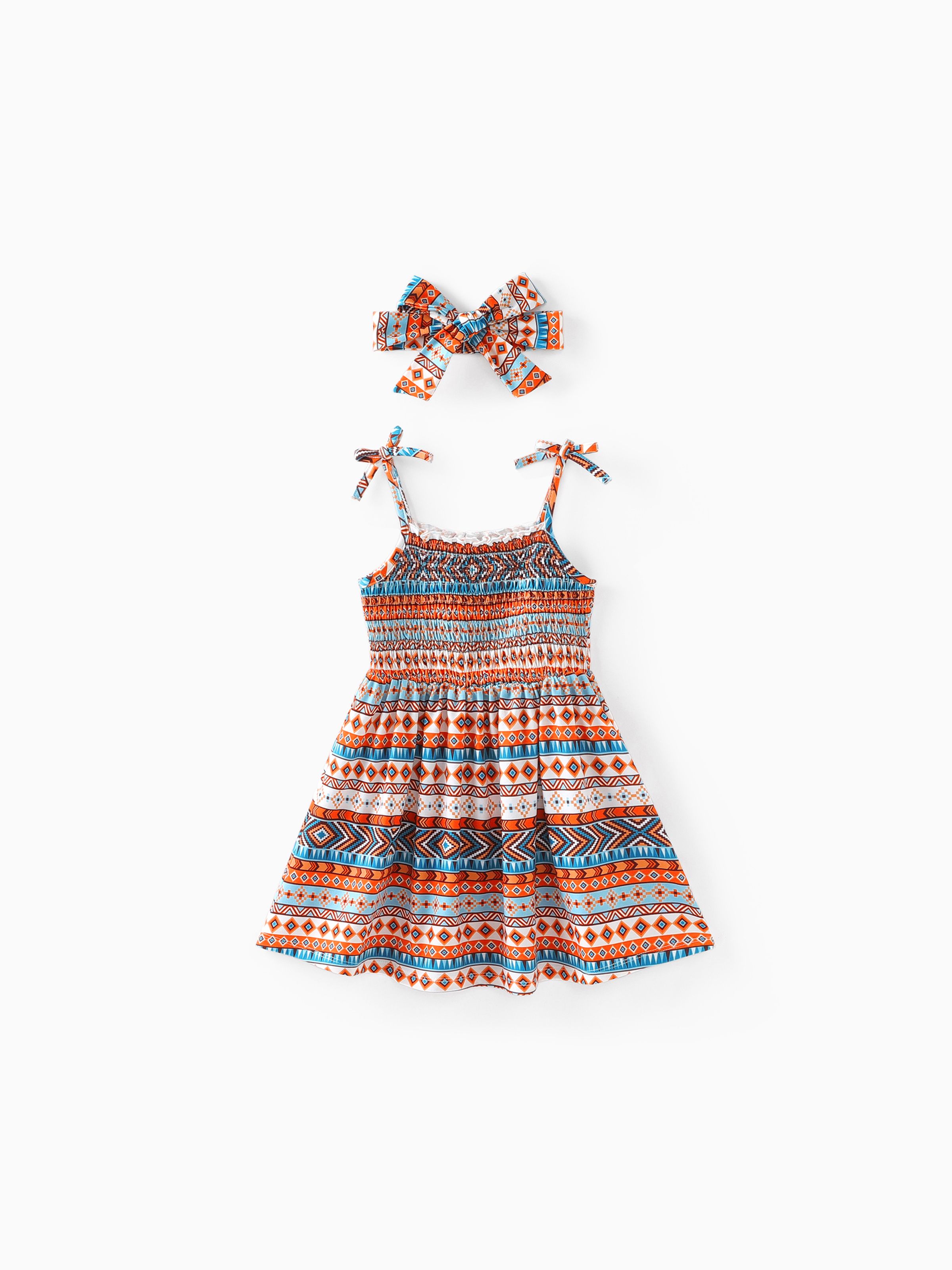 

Toddler Girl 2pcs Ethnic Geometric Print Smocked Cami Dress with Headband