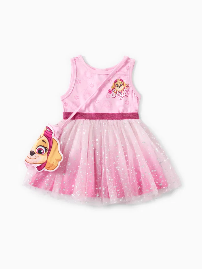 Paw Patrol Toddler Girls 2pcs Character Print Floral Sparkle Tulle Dress with Lovely Skye/Everest Bag