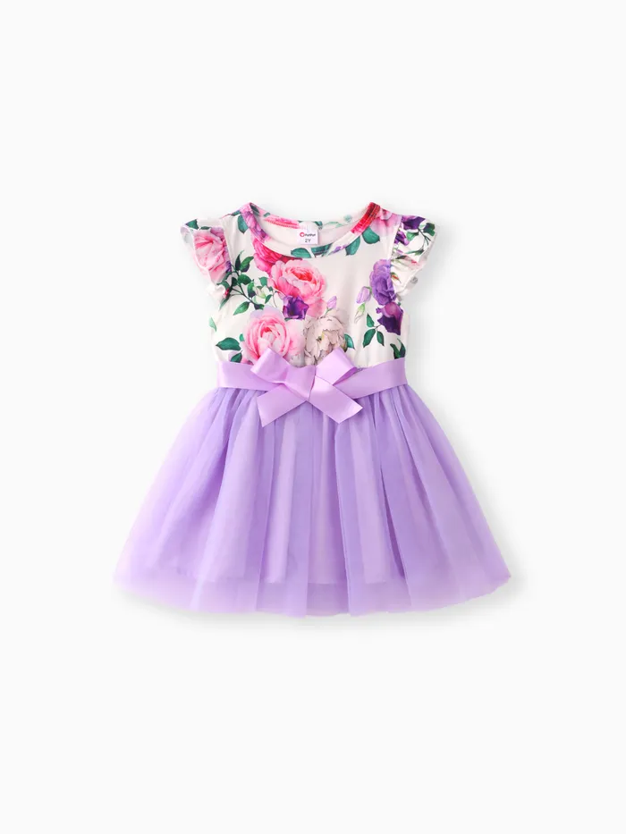 Vestido de empalme de malla con estampado floral para niña pequeña