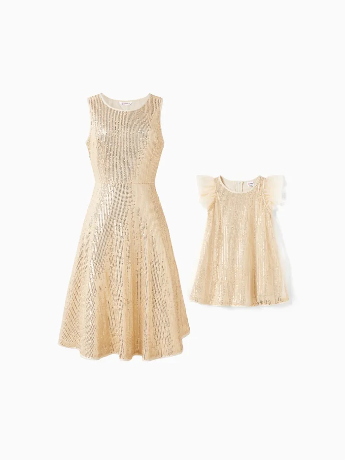 Mommy and Me Almond Color Sequined Sleeveless A-Line Dresses
