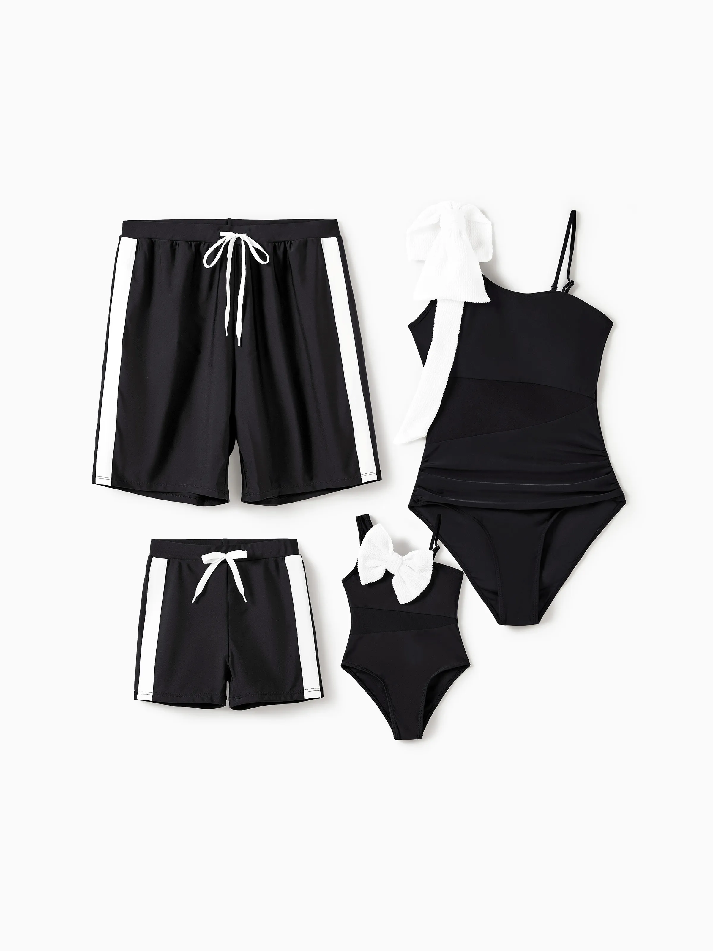 Family Matching Black Drawstring Swim Trunks or Bow knot One-Piece Strap Swimsuit