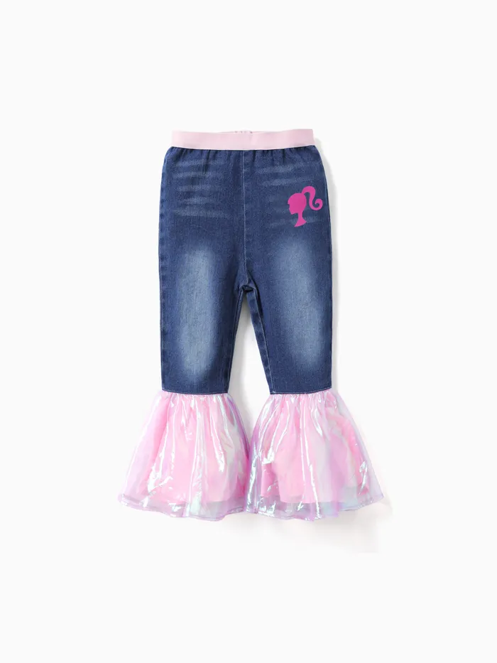 Calça Jeans com Babado para Crianças Barbie, Tecido em Jeans Leve, Patches em Malha, Estilo Doce.