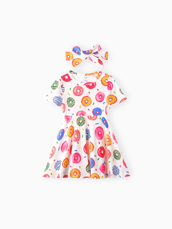 Toddler Girl 2pcs Infantil Donut Pijamas Print com Headband