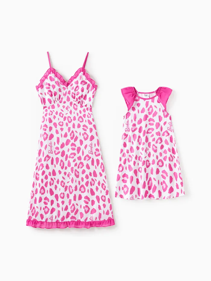 Barbie Mommy and Me Vestido sin mangas con volantes con estampado de leopardo rosa / ropa de estar por casa 
