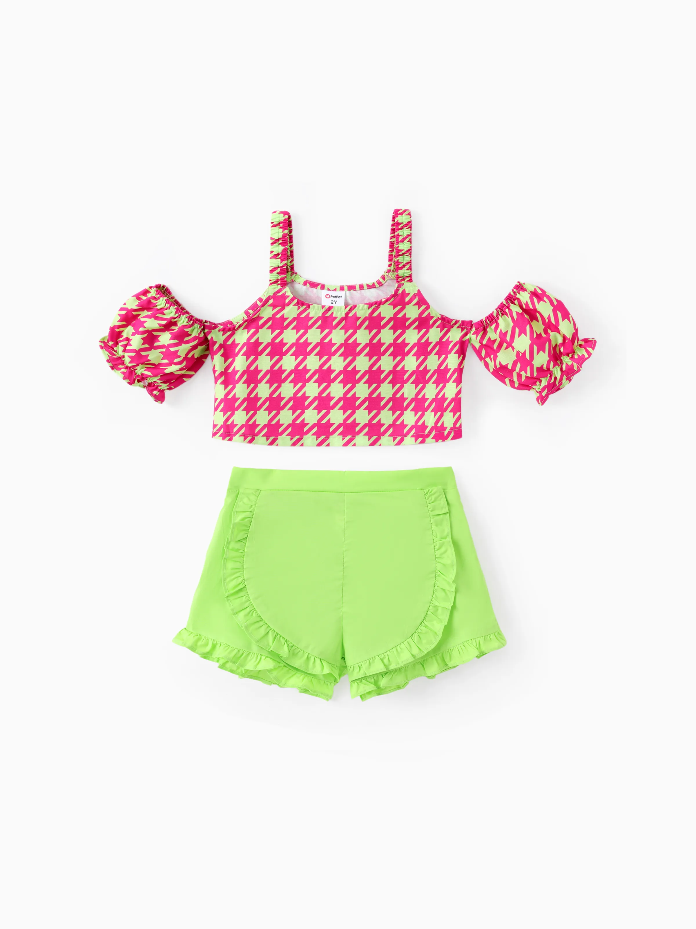 

Toddler Girl 2pcs Sweet Grid Print Top and Ruffled Shorts Set