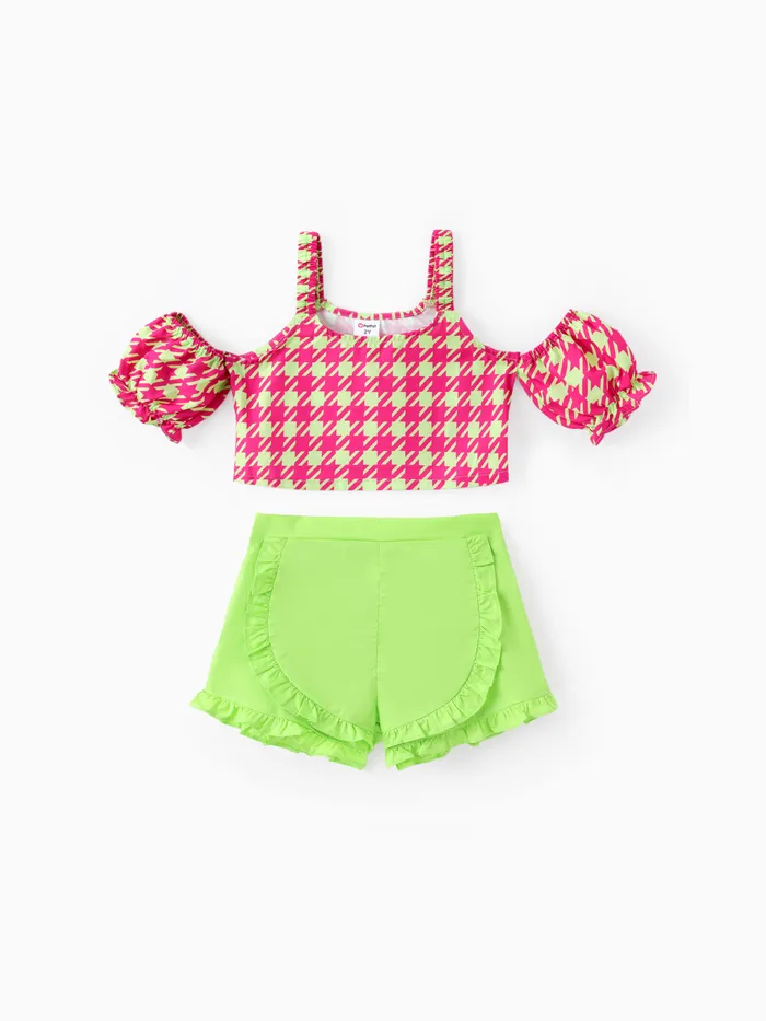 Toddler Girl 2pcs Sweet Grid Print Top and Ruffled Shorts Set