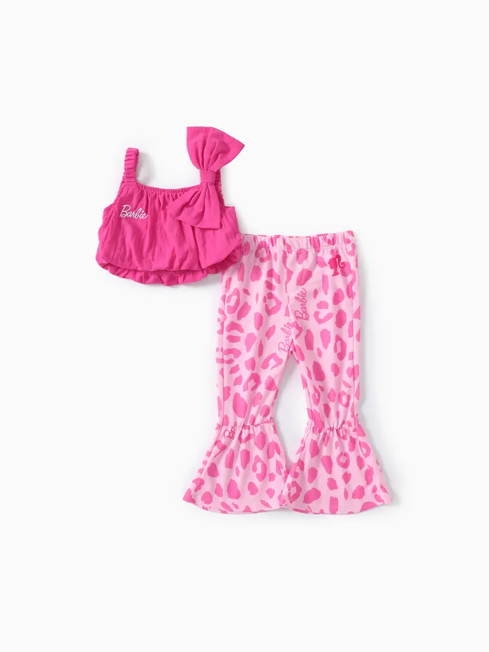 Barbie Toddler Girls 2pcs Cotton Bow Twist Sleeveless Top com Leopord Flare Calças Set
