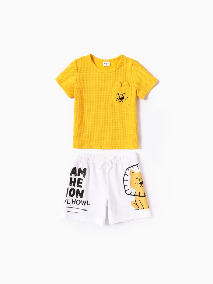 Juego de camisetas y pantalones cortos con estampado de león para niños pequeños de 2 piezas