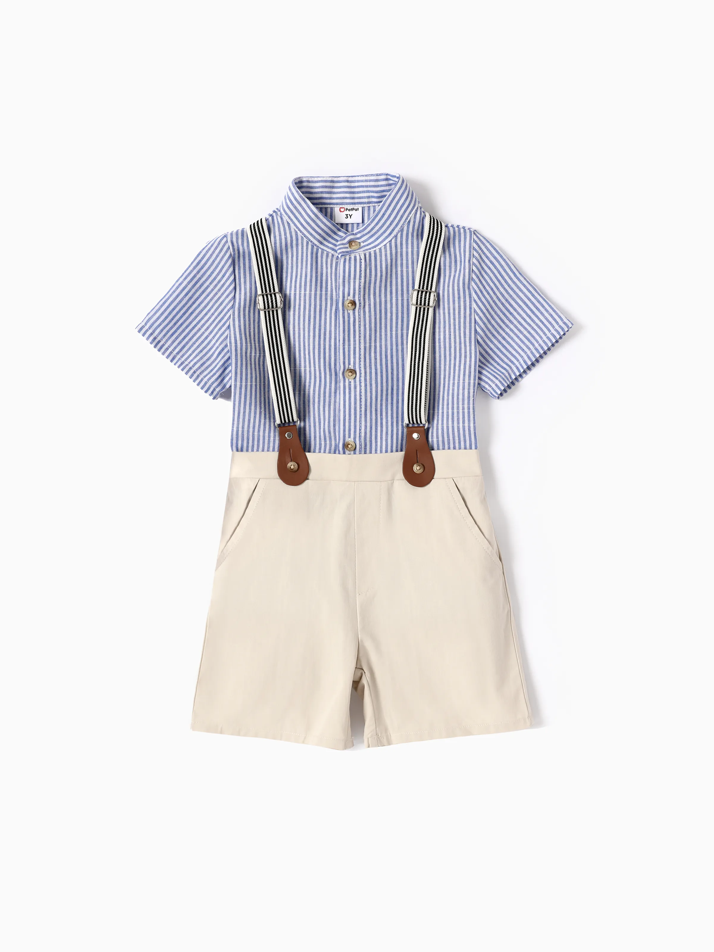 

Toddler Boy 2pcs Solid/Striped Shirt and Overalls Set