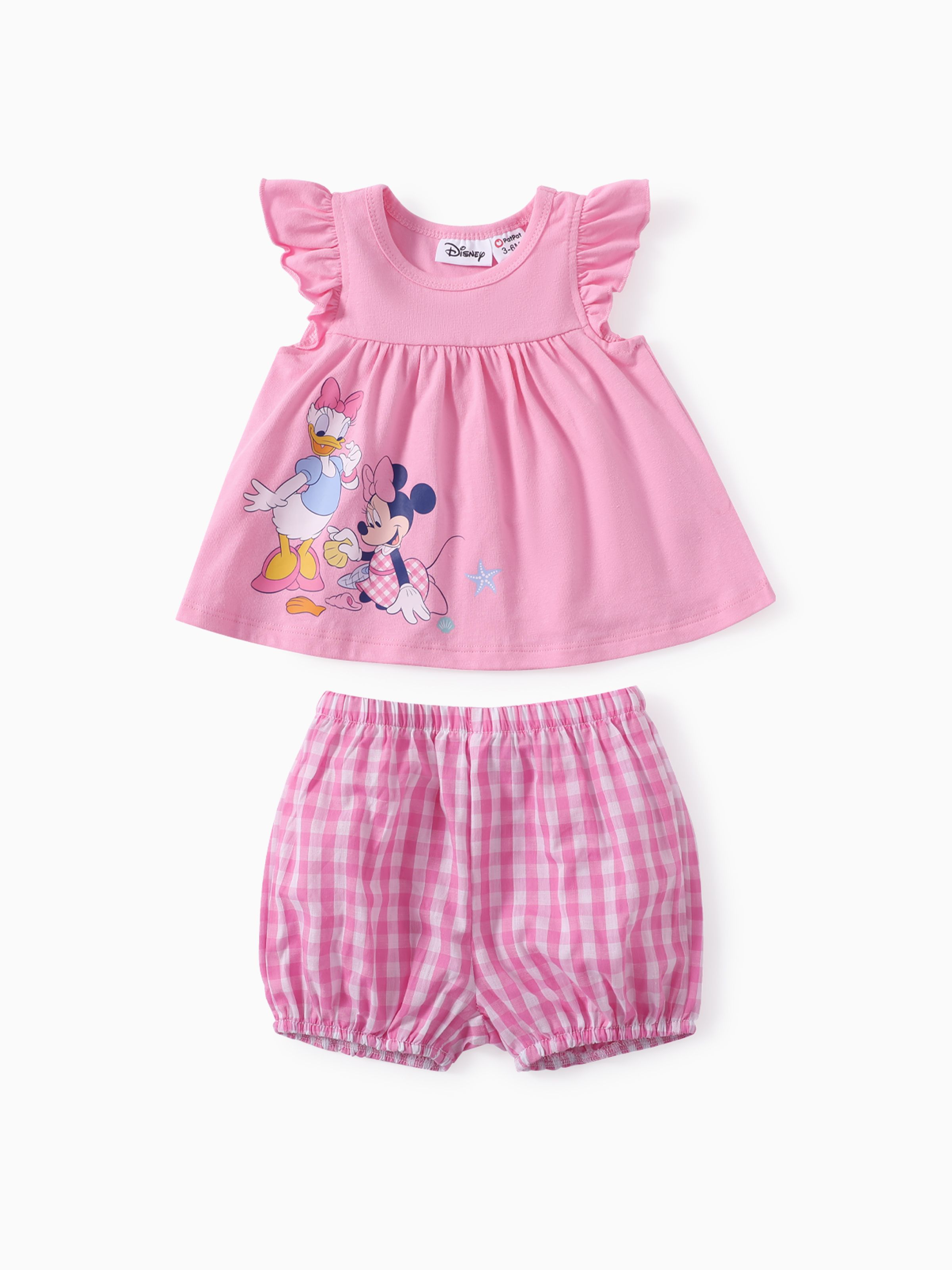 迪士尼米奇和朋友們嬰兒/幼兒女孩 2 件棉質字元印花荷葉邊袖上衣搭配格紋短褲套裝