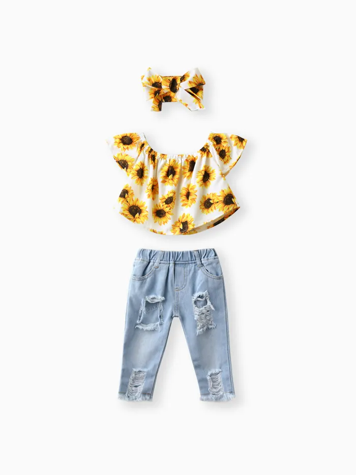 Baby Girl 3pcs Sweet Off-Shoulder Tee and Denim Jeans and Heandband Set