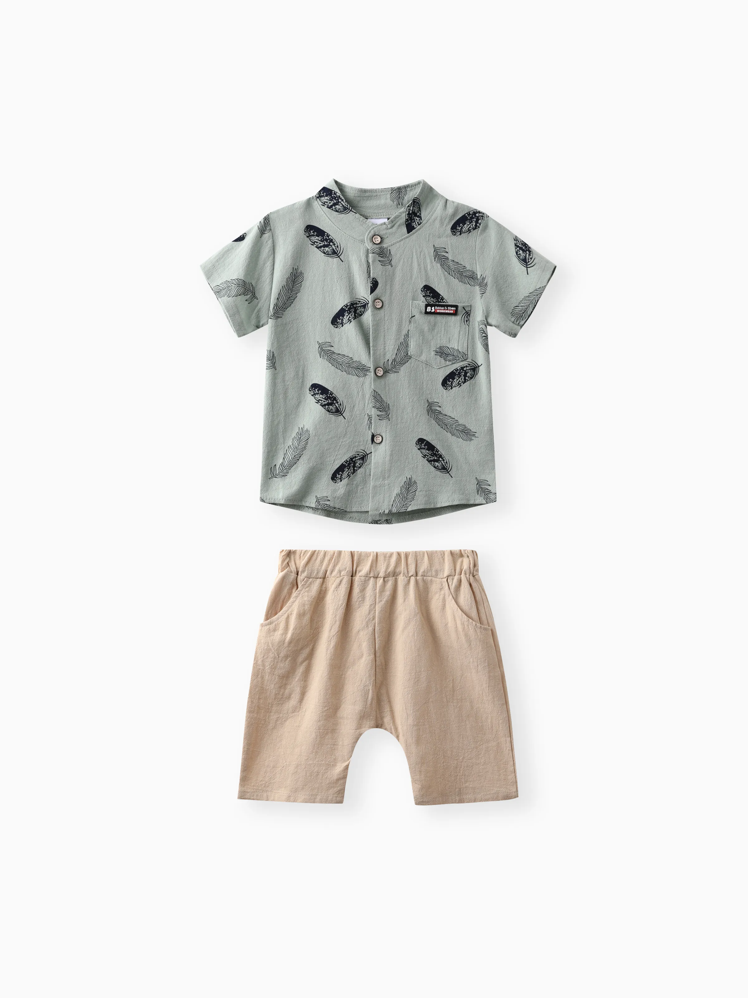 2pcs Baby Boy 100% Cotton Short-sleeve All Over Feather Print Button Up Shirt and Solid Shorts Set Green