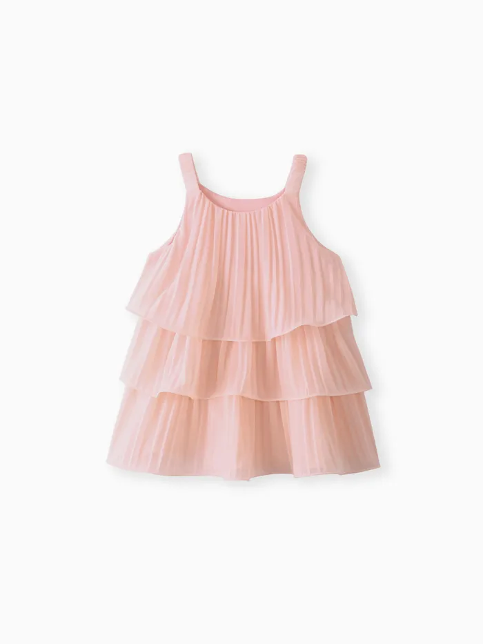 Baby Girl Pink Lettuce Trim Layered Pleated Dress