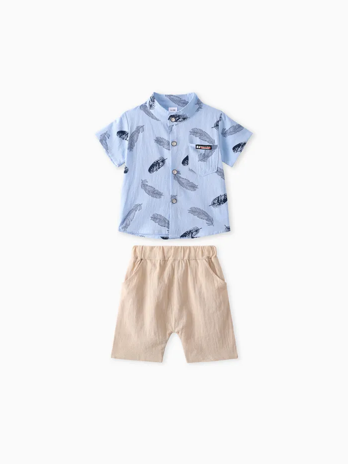 2pcs Baby Boy 100% Cotton Short-sleeve All Over Feather Print Button Up Shirt and Solid Shorts Set