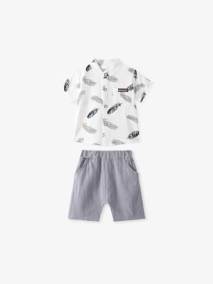 2pcs Baby Boy 100% Cotton Short-sleeve All Over Feather Print Button Up Shirt and Solid Shorts Set